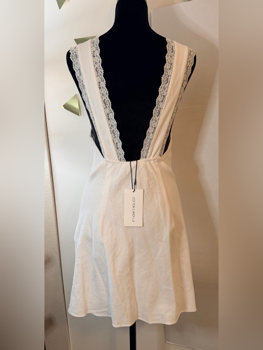 Cotton-Linen Cottage-Core White Lace Double Lined Trim Tie Front Mini Dress M - Picture 3 of 13